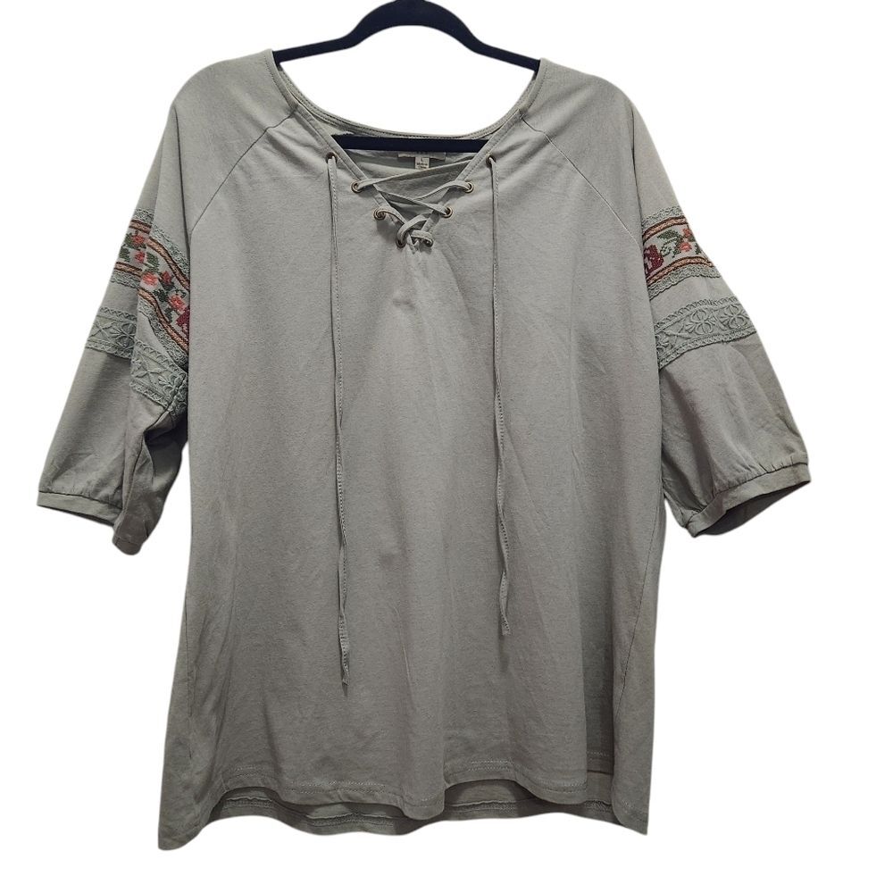Umgee L Sage Green Embroidered Boho Top Lace Up Peasant Blouse 3/4 Sleeve Tunic